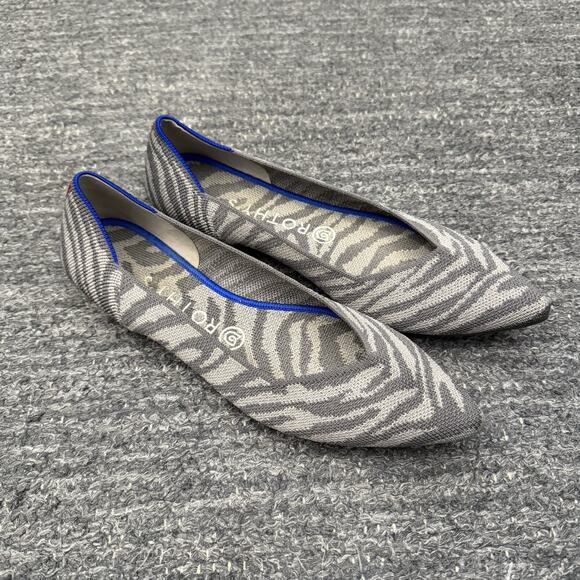 Rothys Flats Women 9 Gray Pointed Toe Zebra Slip On Knit Washable Career Safari - Picture 1 of 13